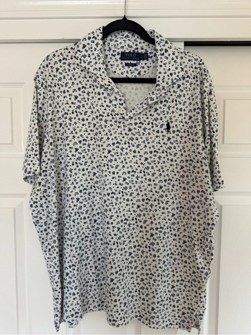 Polo by Ralph Lauren Men’s White Polo Shirt with Navy Floral Print - Size L